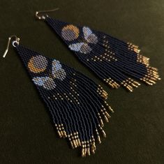 Hand Beaded Moth & Moon Miyuki Delica Fringe Earrings Made By Me, Greeneyedblackcat Gold Plated Ear Wires. Fringe Seed Bead Earrings Pattern, Brick Stitch Earrings Pattern Beads Gone Wild, Mushroom Beaded Earrings, Fall Beaded Earrings, Bead Loom Earrings, Delica Beaded Earrings, Seed Bead Pendant, Earring Inspo, Fall Bead