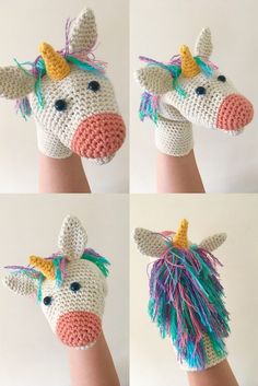 crocheted unicorn head with multicolored manes