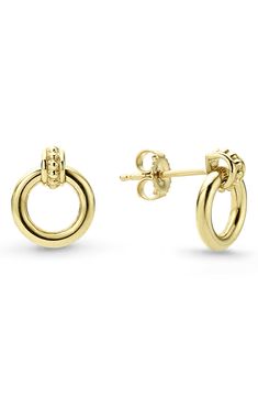 Mini frontal hoop earrings made from 18-karat gold and topped with caviar-beaded details brighten everyday ensembles. 3/8" drop; 3/8" width 18k gold Imported Circle Stud Earrings, Circle Earrings Studs, Gold Circle, Circle Studs, Circle Earrings, Gold Earrings Studs, Gold Earrings, Beading, 18k Gold