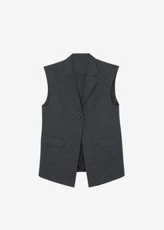 Color: Dark Grey Melange Lightweight traditional suiting fabric Oversized fit Notch lapels Sleeveless Front flap pockets Front button closure Lined 58% Polyester 36% Rayon 6% Polyurethane Dry Clean By The Frankie Shop. Imported Tailored Vest With Suit Collar For Work, Notch Lapel Vest With Pockets For Business Casual, Notch Lapel Business Casual Vest With Pockets, Business Casual Fall Vest With Lapel Collar, Business Casual Notch Lapel Vest With Pockets, Casual Business Vest With Pockets, Single Breasted Vest With Lapel Collar For Workwear, Elegant Wool Vest For Workwear, Office Vest With Welt Pockets And Notch Lapel