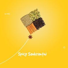 an advertisement for spicey sankrathii with spices and herbs in the air