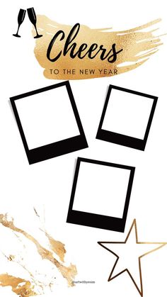 cheers to the new year with gold paint and black frames on white paper, stars and champagne