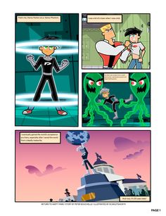 an animated comic strip with two different scenes and one cartoon character in the background, while another