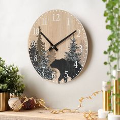 a wooden clock with an image of a bear in the woods