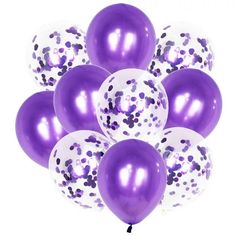 purple and white balloons with confetti on them