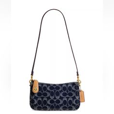 Small-Sized Bag; 8-1/4"W X 4-3/4"H X 1-1/4"D (Width Is Measured Across The Bottom Of Handbag); 0.66 Approx. Weight Silhouette Is Based On 5'9" Model 12"L Removable Strap Zip-Top Closure Brass-Tone Exterior Hardware, Logo Tag, 3 Credit Card Slots & Fabric Lining Signature Cotton & Polyester Denim/Glovetanned Leather Spot Clean Coach Blue Bag, Everyday Denim Blue Bags With Branded Hardware, Designer Everyday Bags In Denim Blue, Classic Denim Bag For Everyday Use, Designer Denim Blue Shoulder Bag For Everyday, Designer Denim Blue Shoulder Bag, Designer Denim Blue Rectangular Shoulder Bag, Everyday Denim Bags With Gold-tone Hardware, Denim Bags With Gold-tone Hardware For Everyday Use