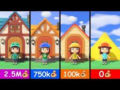 four different images of the same character in animal crossing, including two houses and one house