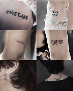 four different tattoos on the back of women's neck and arm, all with words written in them