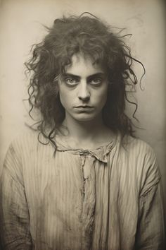 a black and white photo of a woman with frizzy hair on her face