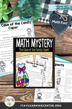 the case of the candy caper math mystery game with text overlaying it