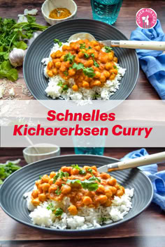 two plates filled with rice and chickpeas on top of a wooden table next to other dishes