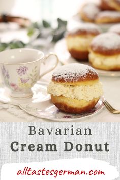 Bavarian cream donuts on a plate and coffee on the side. Bavarian Cream Donut, Bavarian Cream Donut Recipe, German Cuisine Recipes, Savory Donuts Recipe, Cream Donut Recipe, Bavarian Cream Filling, Savory Donuts, Best German Food