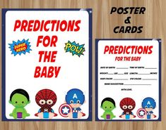 a poster and card for the baby to be dressed as spiderman, captain america