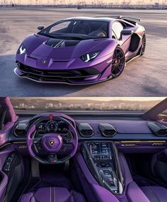 the interior and dashboard of a purple sports car, which is shown in two different views