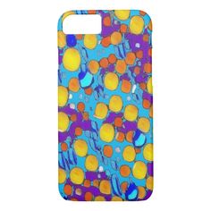 an iphone case with orange and blue circles on the front, and yellow dots on the back