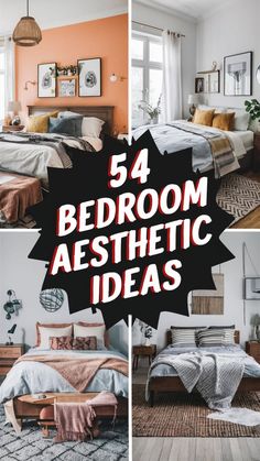 four bedroom aesthetics with the words, 54 bedroom aesthetic ideas