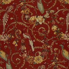 a red background with birds, flowers and swirls on the fabric is very similar to wallpaper