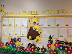 a bulletin board with bees and flowers on it that says un - bee - livvable writing