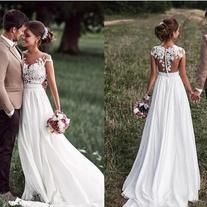 two pictures of a bride and groom standing in the grass with their backs to each other