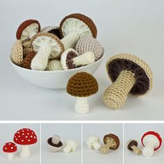 crocheted mushrooms are in a white bowl