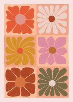 four different colored flowers in squares on a pink background, each with an orange center