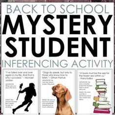 the back to school mystery student book is shown with pictures of dogs and books on it