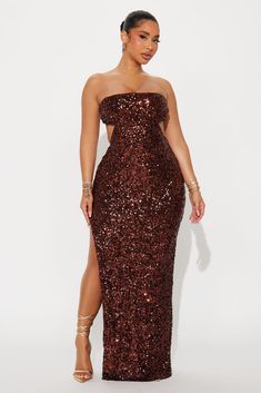 Arabella Cut Out Sequin Gown - Chocolate Black Sequin Midi Dress, Chocolate Dresses, Mint And Chocolate, Chocolate Fashion, Sequin Midi Dress, Service Women, Sequin Gown, Jean Accessories, Gown Dress