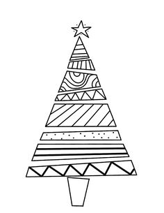 a black and white drawing of a christmas tree with stars on it's top