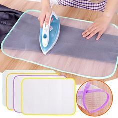 a woman ironing clothes on top of a mat with an iron in the middle