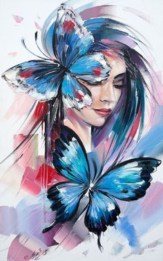 a painting of a woman with blue butterflies on her head