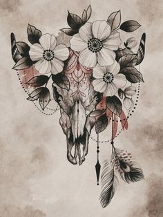 a drawing of a cow skull with flowers and feathers on it's head is shown