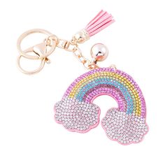 a keychain with a rainbow design on the front and back, hanging from a metal chain