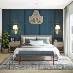 a bedroom with blue walls and white bedding