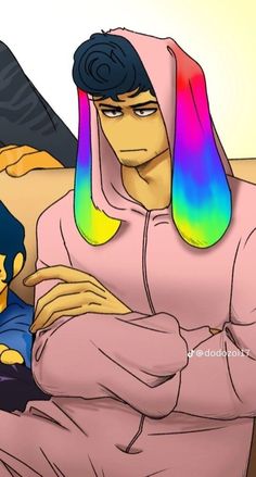 a man in a pink hoodie sitting next to a child with rainbow hair on his head