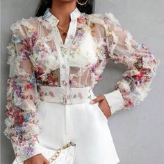 Super Cute And Stylish Ships In 5-10 Business Days Floral Print Blazer, Floral Type, Printed Blazer, Bishop Sleeve, Long Sleeve Blouse, Chiffon, Floral Prints, Blouses, Mesh