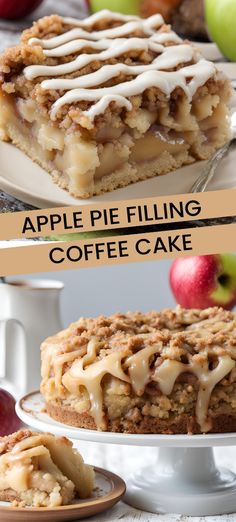 an apple pie filling coffee cake on a white plate with apples in the background and text overlay that reads, apple pie filling coffee cake