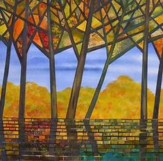 a painting of trees and a brick wall