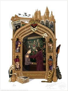 a drawing of people in front of a mirror with an image of a castle on it