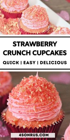 strawberry crunch cupcakes with pink frosting and sprinkles on top