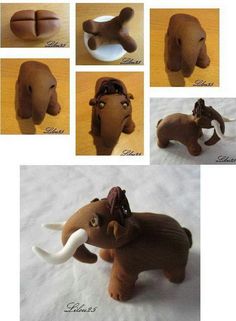 several pictures of an elephant made out of clay