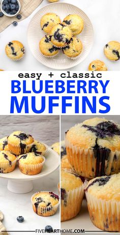 Easy Blueberry Muffins, three-photo collage with text showing easy blueberry muffin recipe on platter and close-up. Rice Flour Muffins, Blueberry Muffins From Scratch, Rice Flour Recipe, Rice Flour Recipes, Vj Cooks, Gluten Free On A Shoestring, Gluten Free Blueberry Muffins, Easy Blueberry Muffins, Tin Recipes