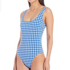 From Gianni Bini, This One Piece Features: Gingham Puckered Fabrication One-Piece Silhouette Scoop Front Neckline Removable Soft Cups Over-The-Shoulder Tank Straps Scoop Back High Leg Medium Back Coverage Lined Spring Gingham One-piece Swimwear, Casual Fitted Gingham Swimwear, Preppy Coastal, High Waisted Swim Bottoms, Plunge Swimsuit, Plunging One Piece Swimsuit, 1 Piece Swimsuit, Gianni Bini, High Leg