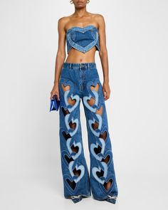 AREA Patchwork Denim Heart Bandeau Top | Neiman Marcus Heart Shaped Fashion, Pants With Cutouts, Jean Crop Top Outfit, African Print Skirt Ankara Styles, Clothing Diys, Cutesy Clothes, Denim Scraps, Reworked Denim, African Print Skirt