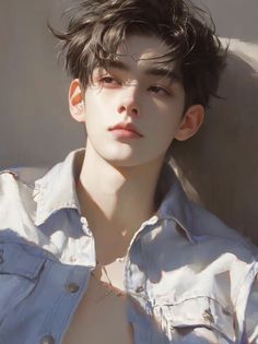 a young man wearing a blue shirt and posing for the camera with his hair blowing in the wind