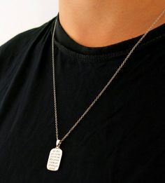 "Personal and unique dog tag necklace engraved with initials, date, name or message of your choice. The rectangle silver tag has a high glare metal finish that gives a very chic look to this man's name necklace. This is a modern and trendy engraved dog tag necklace that will be the most perfect personal touch for yourself and your loved one. No matter the reason, this engraved necklace makes an impact and it is perfect for becoming your signature piece. Custom engraving: We offer high-quality la Engraved Necklace Men, Engraved Necklace For Men, Name Necklace For Men, Necklace For Men Silver, Name Tag Necklace, Mens Dog Tag Necklace, Necklace For Boys, Diamond Necklace Gift, Quote Necklace