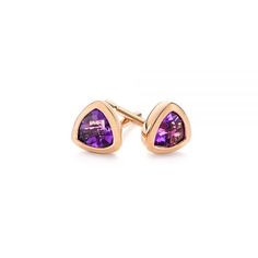 106031 14k Rose Gold Earrings   2 Amethysts - .40 ctw   4 mm Trillion. These vibrant stud earrings feature trillion cut amethyst gemstones held in polished rose gold bezel settings. Trillion Cut Formal Earrings, Trillion Cut Fine Jewelry Earrings For Gift, Amethyst Studs, Metal Shop, Shop Engagement Rings, Rose Gold Earrings, Amethyst Gemstone, Hand Engraving, Unique Engagement Rings