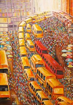 a painting of many yellow buses in a crowded area with umbrellas on the ground