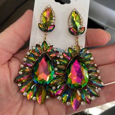 Multi-Color Crystal Drop Statement Earrings on Gold | Prom Earrings Gold Prom Earrings, Earrings Prom, Drop Statement Earrings, Pageant Earrings, Gold Prom, Premium Jewelry, Boot Bling, Earrings Chandelier, Prom Earrings