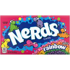 nerds candy box with rainbow candies on the front and an image of cartoon characters