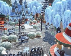 an animated image of a park with lots of trees and snow covered buildings in the background